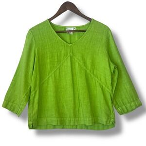 Hot Cotton M 100% Linen Top Lime Green Vintage USA Lagenlook Beach Vacation Crop